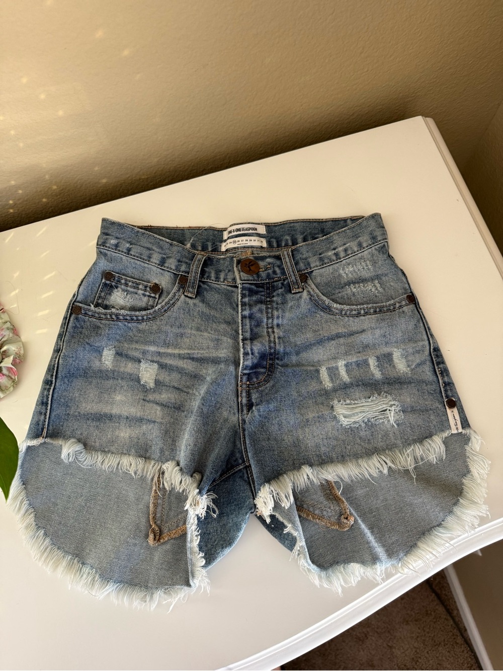 One Teaspoon Light Blue Distressed Denim Jean Shorts